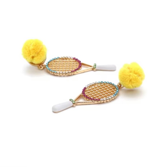 Creative Tennis Racket Statement Earrings 2021 New Woman Trend Hairball - Picture 4 of 6